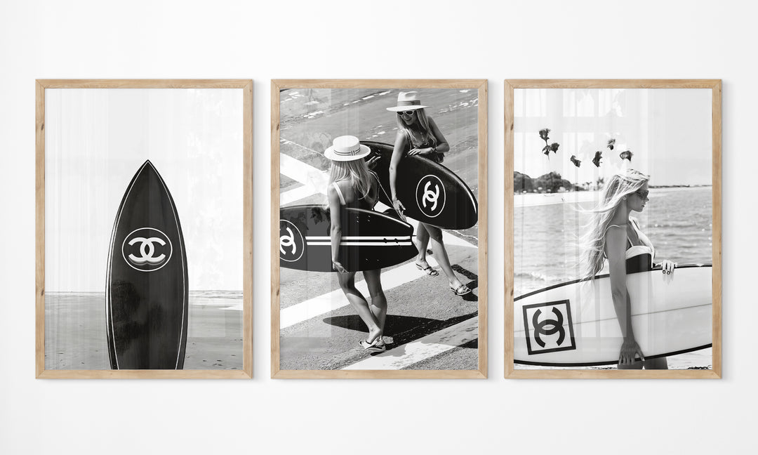 Set of 3 Chanel Surfer Girl Wall Art Photography,livingroom,timber border