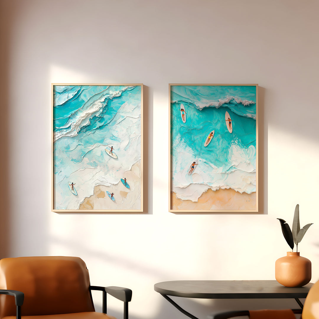 Surf Beach Painting Illustration Set of 2,dining room,timber border