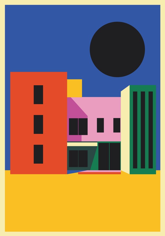 Colorful geometric buildings against a blue sky with a black circle framed
