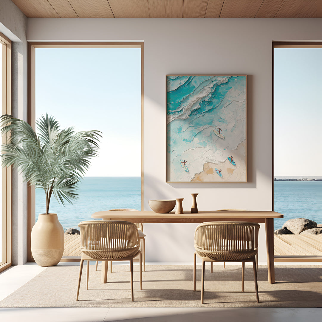 Surfing Beach Textured Effect Art,livingroom,timber border