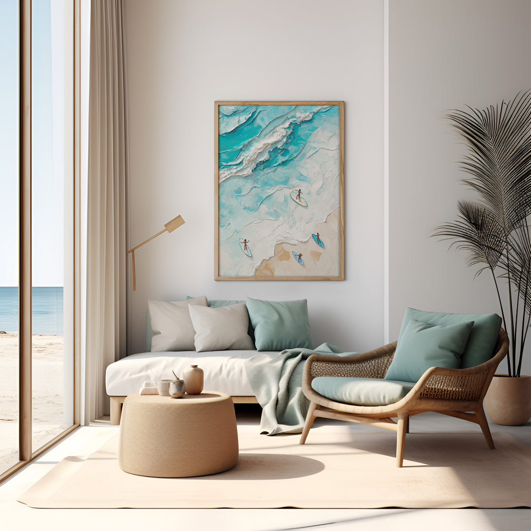 Surfing Beach Textured Effect Art,livingroom,timber border