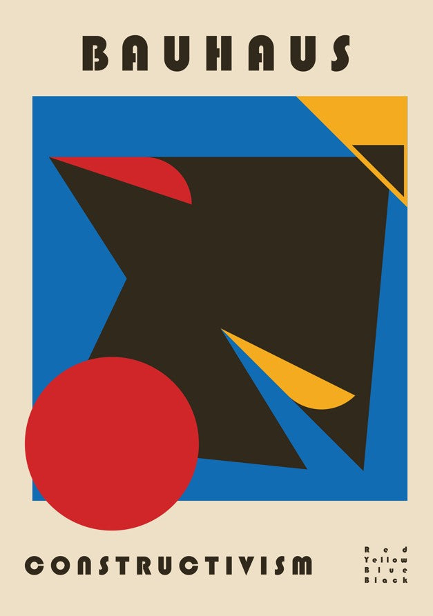 Bauhaus Constructivism book cover with geometric shapes on a beige background framed