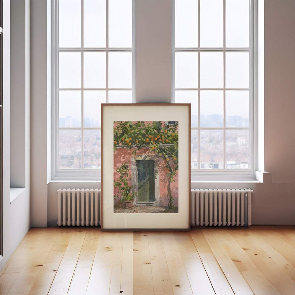 Lemon Green Door Archway Oil Painting,living room,gallery wall,timber border