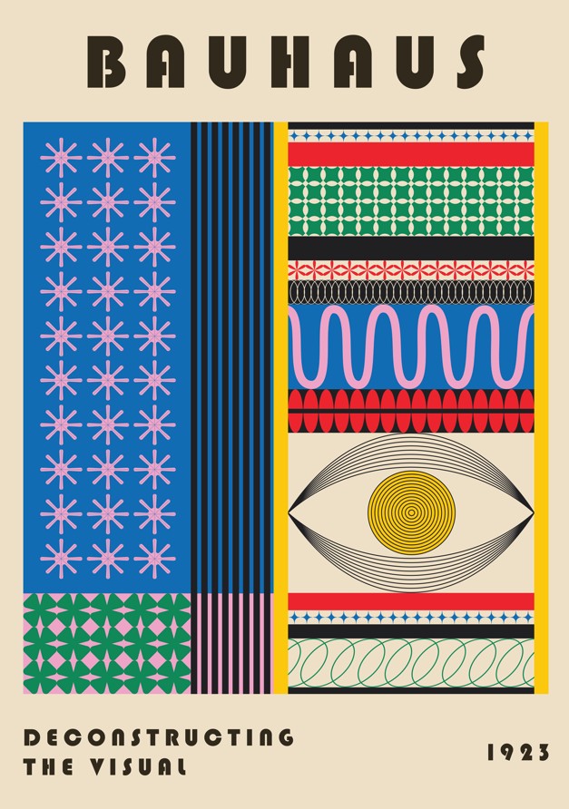 Bauhaus design poster with geometric patterns and text on a beige background framed