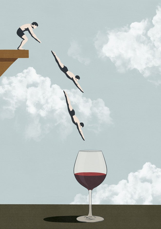 Three people diving into a glass of red wine with a cloudy sky background framed