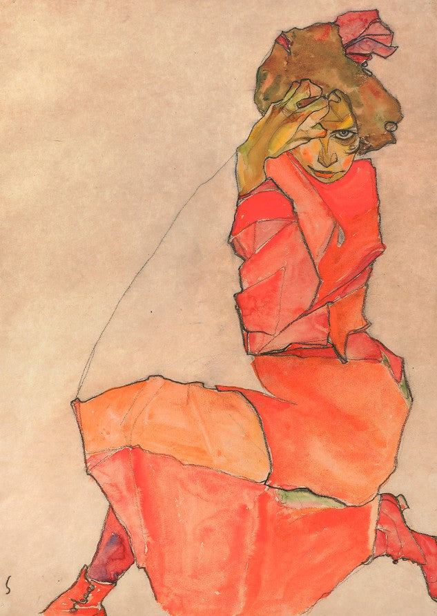 Artistic depiction of a person in a red outfit with a beige background framed