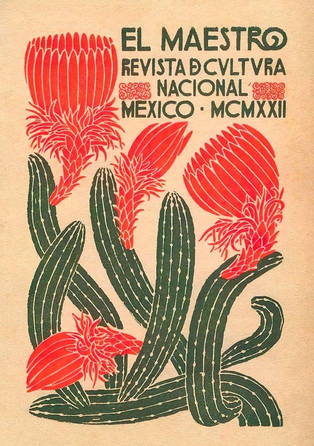 Vintage-style magazine cover with red flowers and green leaves on a beige background, featuring text 'El Maestro' and 'Revista de Cultura Nacional Mexico MCMXXII'. framed