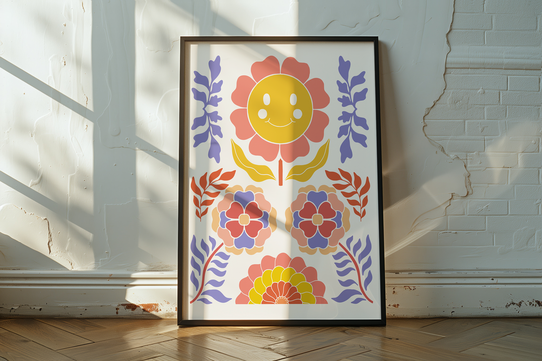 Happy Retro Flowers Artwork,gallery wall,timber border