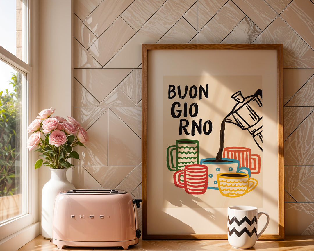 Buongiorno Bialetti Coffee Kitchen Print,dining room,timber border