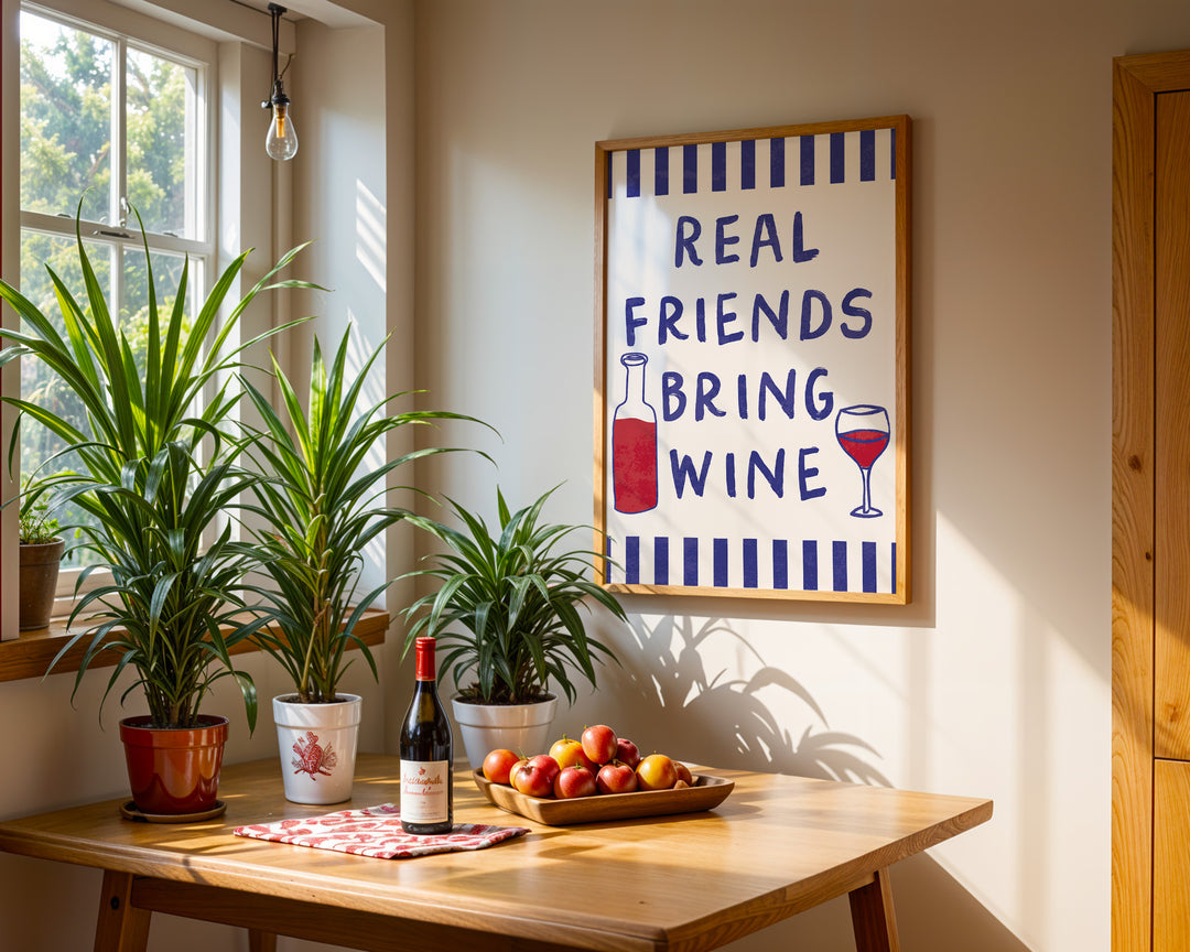 Real Friends Bring Wine Blue Illustration,dining room,timber border