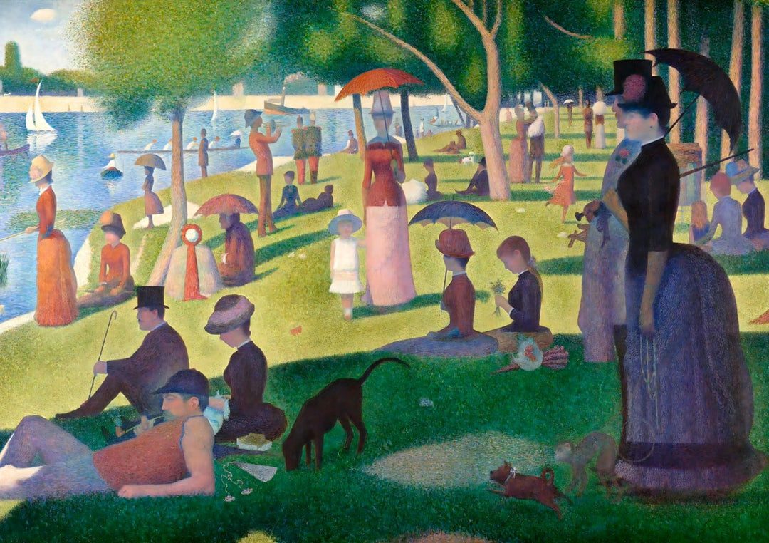 Famous painting of a park scene with people and a dog by a body of water. framed