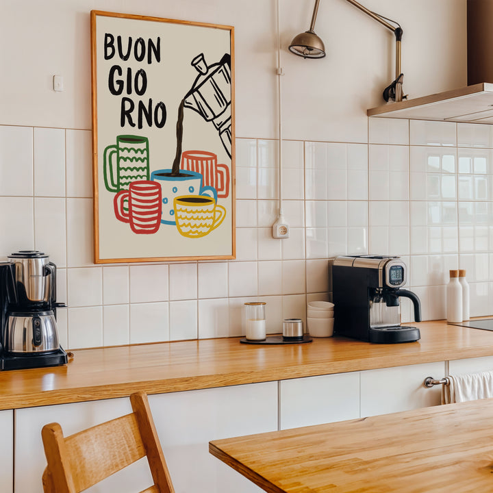 Buongiorno Bialetti Coffee Kitchen Print,kitchen,timber border