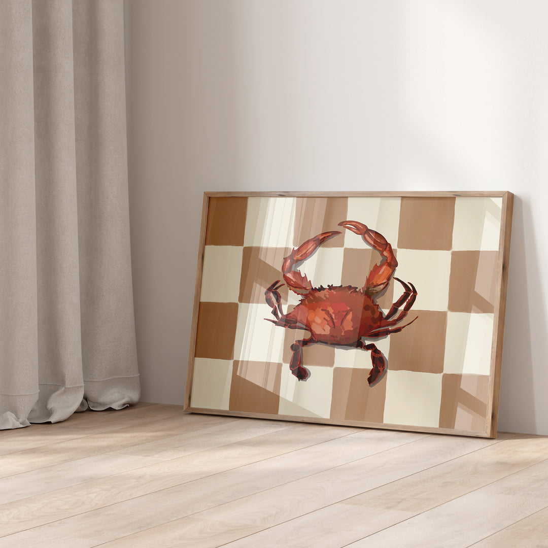 Beige Checkered Crab Wall Art,gallary wall,timber border