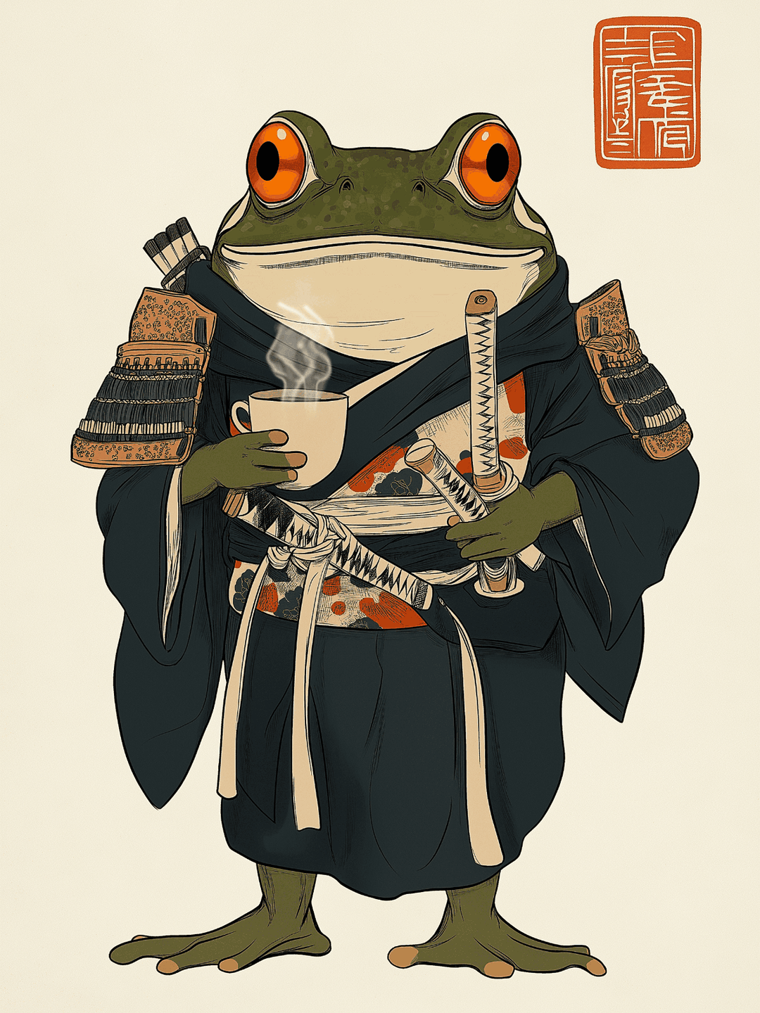 Japanese Frog Samurai Coffee Break Vintage Print,frame