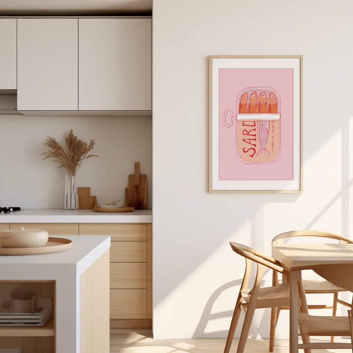 Pink Sardines Wall Art Print by Lucia Sankovic,kitchen,dinning room,timber border