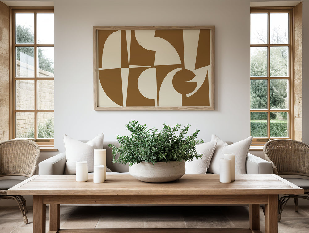 Geometric Brown Landscape Abstract by Maison Boot,living room,kitchen,bedroom,timber border.