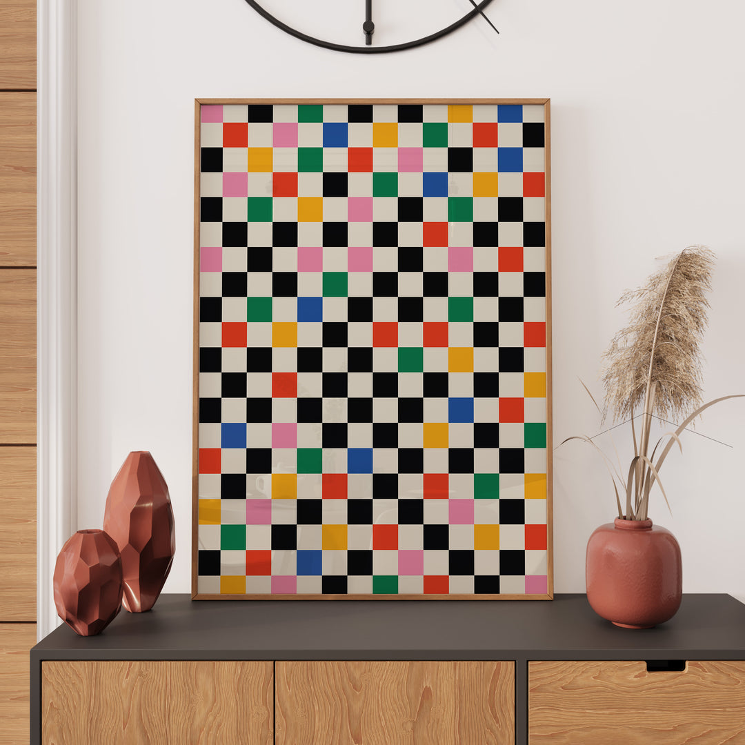 Coloured Tiles Matrix Print,living room,timber border