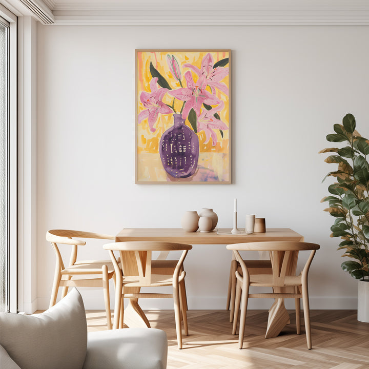 Pink Flowers Art Painting,dining room,timber border