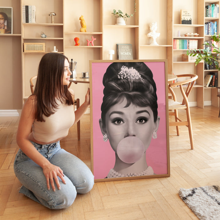 Audrey Hepburn Bubble Gum Pink Wall Art,gallery wall,timber border