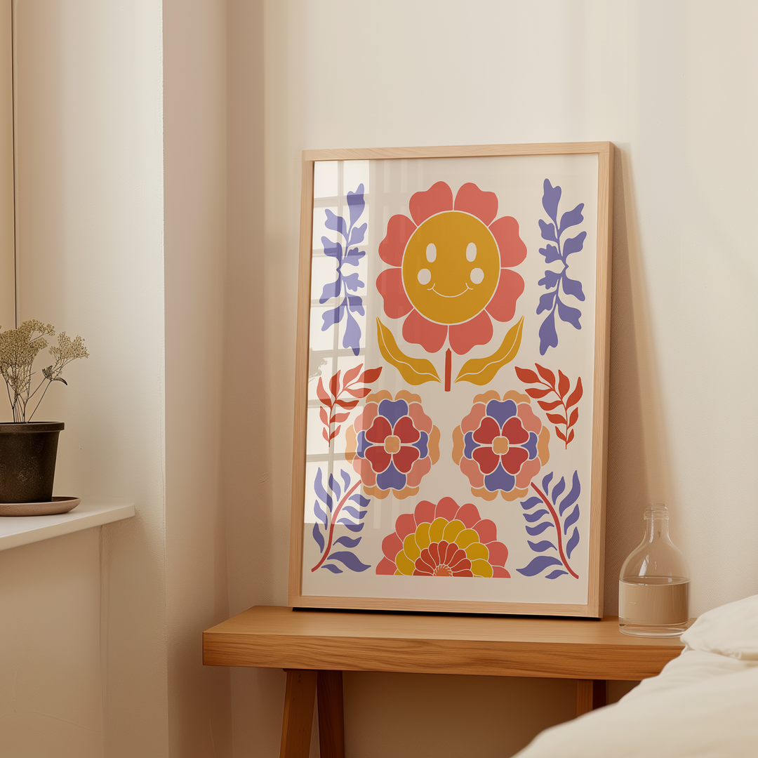 Happy Retro Flowers Artwork,bedroom,timber border