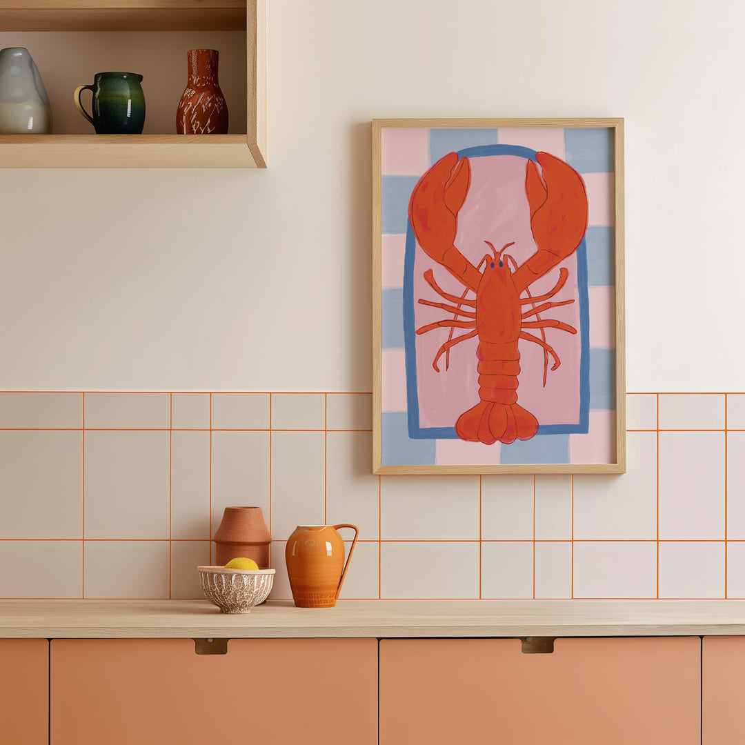 Kitchen Lobster Wall Print by Lucia Sankovic,dining room,kitchen,timber border