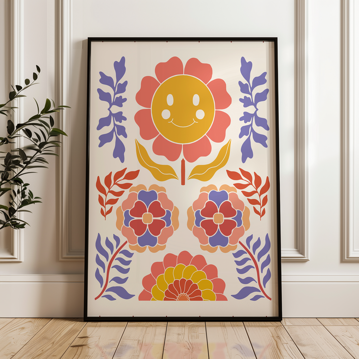 Happy Retro Flowers Artwork,hallway,timber border