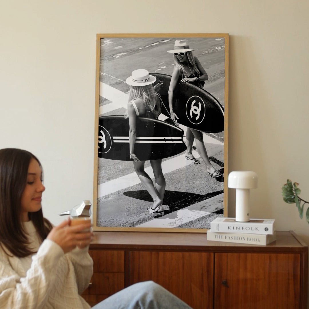 Chanel Surfer Girls Crossing Street Photograph,livingroom,timber border