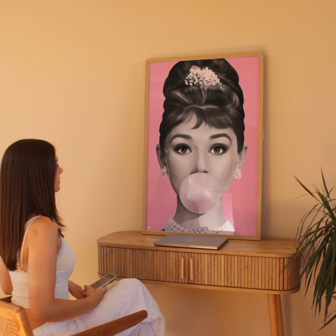 Audrey Hepburn Bubble Gum Pink Wall Art,gallery wall,timber border