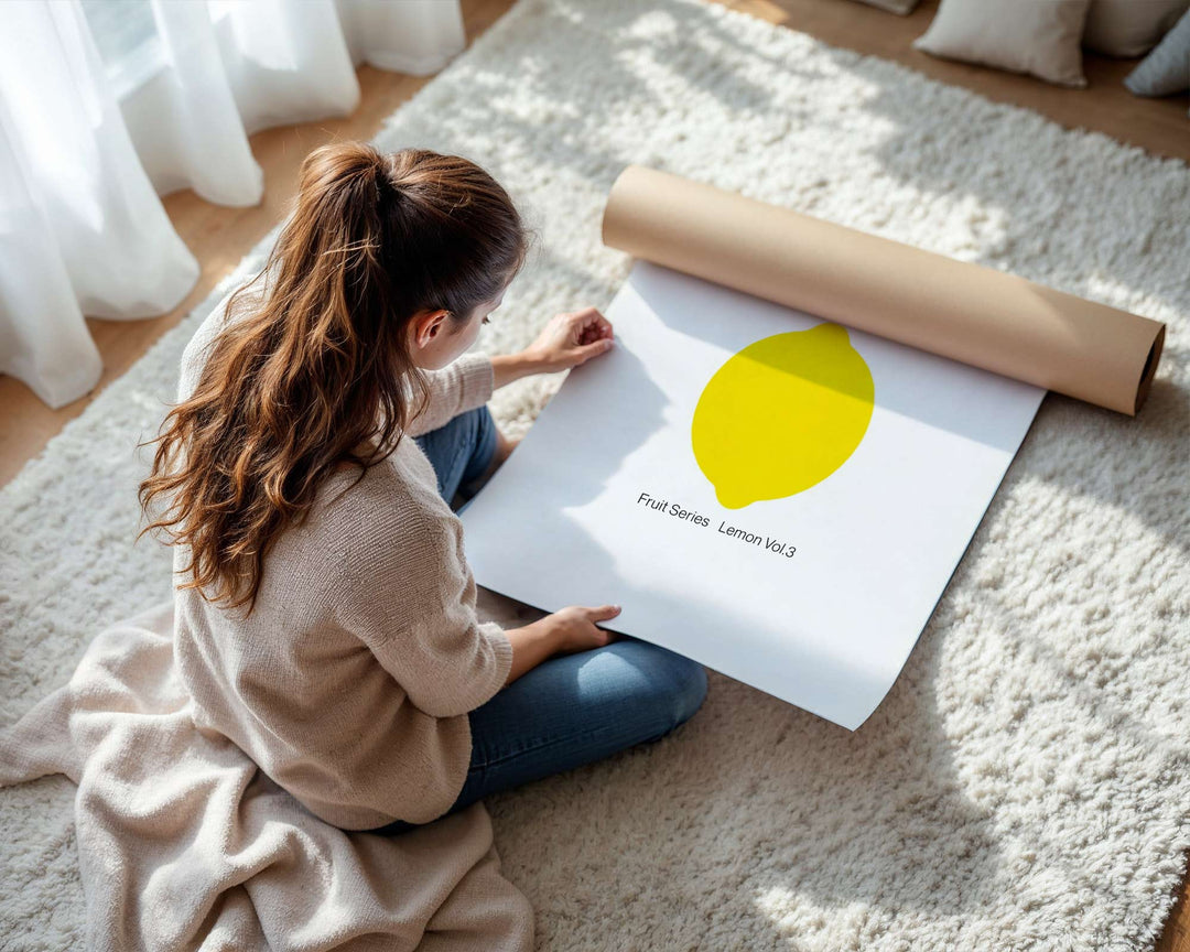 Woman unrolling a large poster on a light-colored floor.