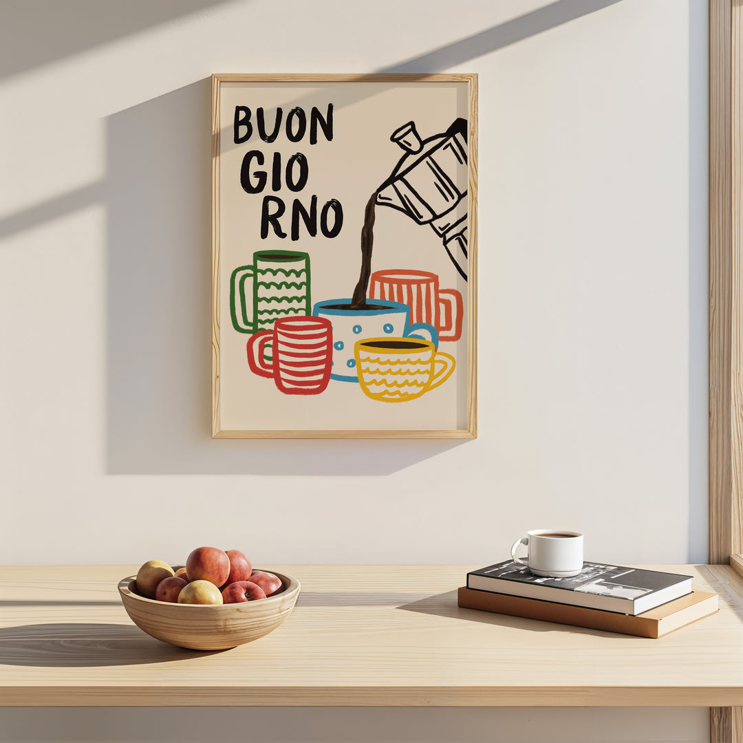 Buongiorno Bialetti Coffee Kitchen Print,kitchen,timber border