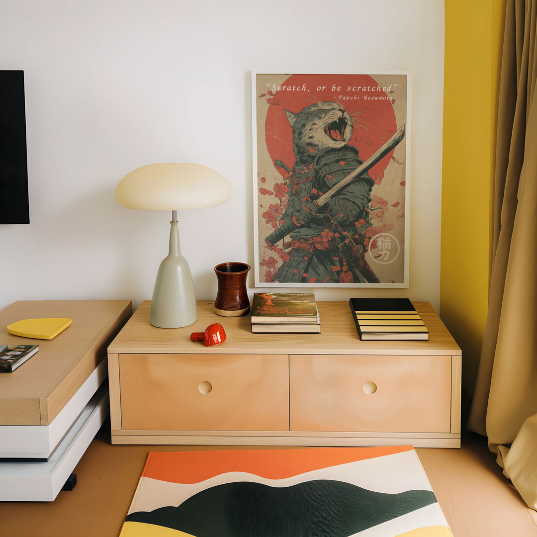 Meowmoto Japanese Cat Samurai Vintage Poster