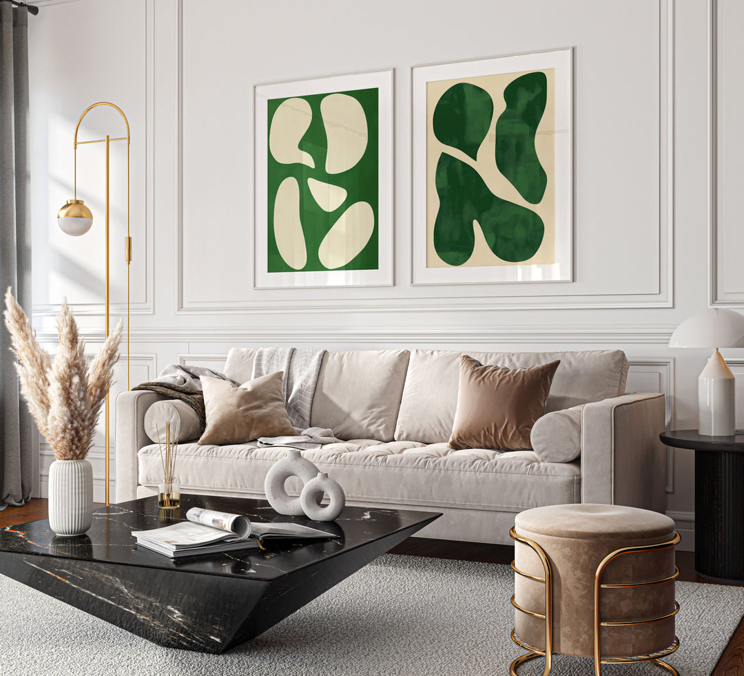 Moss Sage Abstract Gallery Pair,Living room,white border