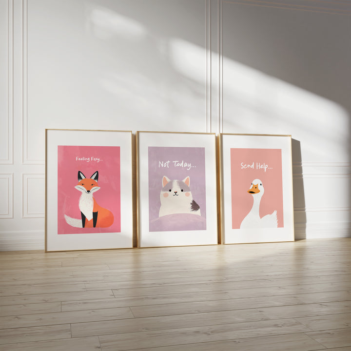 Trio Wall Art Cute Animal Quote Prints.gallery wall,timber border