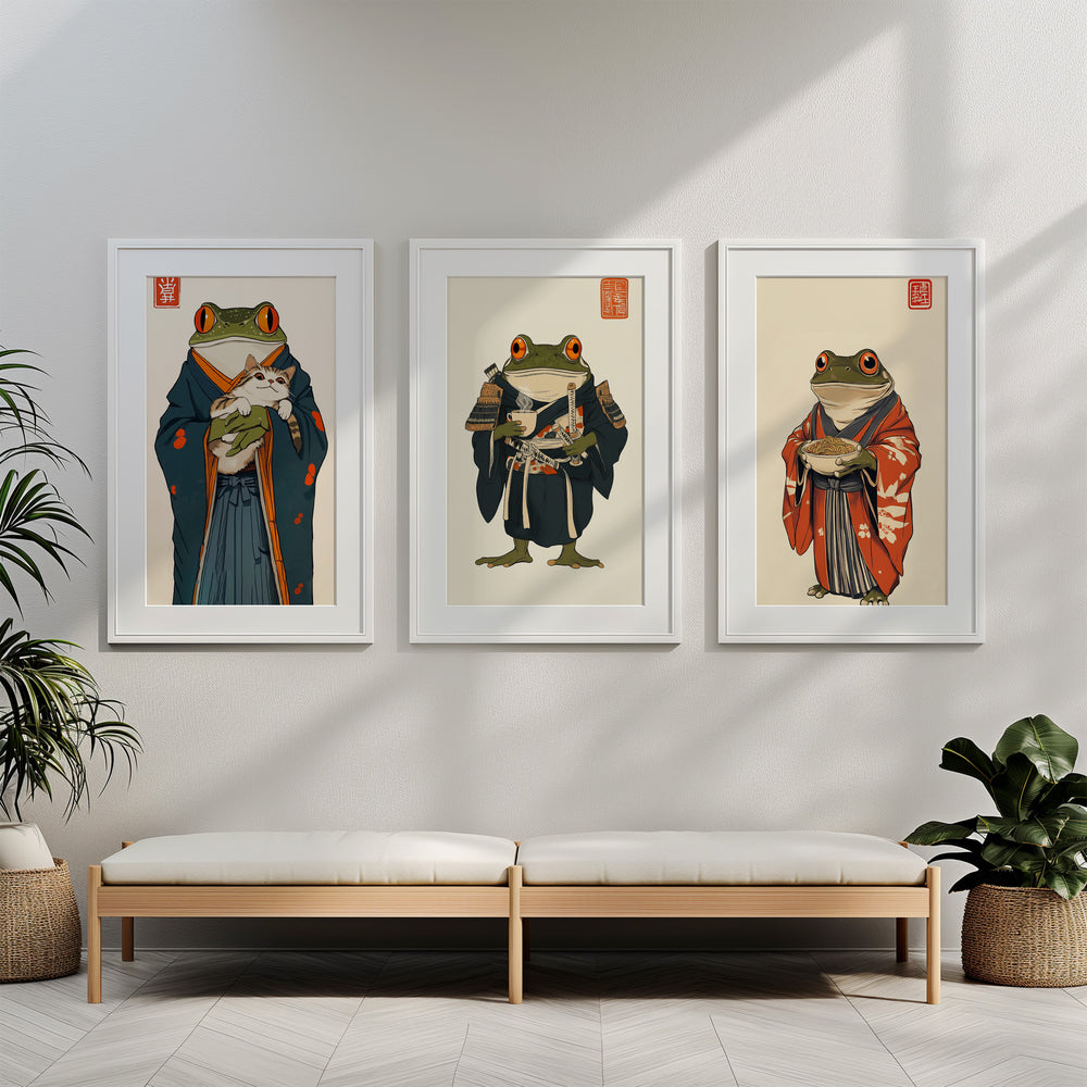 Japanese Samurai Frog Trio Wall Art,gallery wall,white border