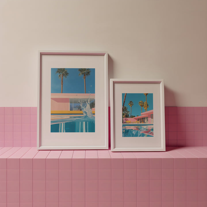 Retro Palm Springs House Illustration Set of 2,galler wall,white border