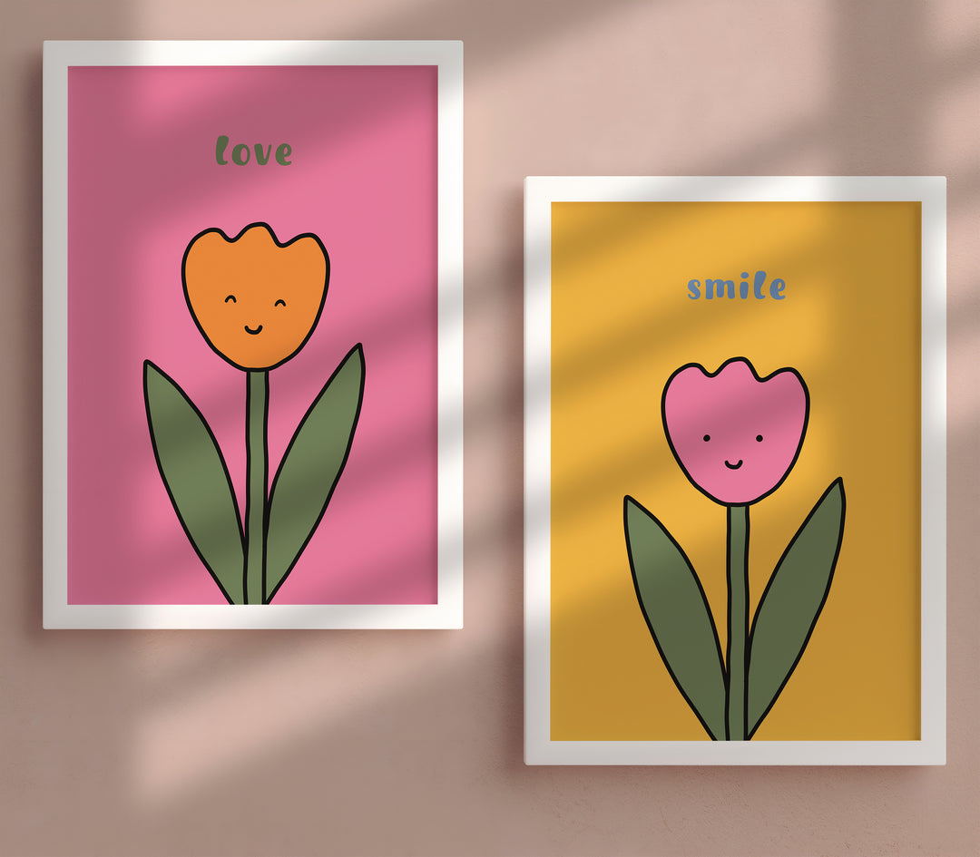 Set of 2 Cute Smiling Flower Quote Prints,gallery wall,white border