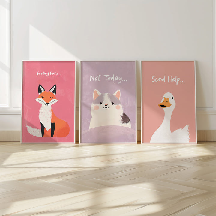 Trio Wall Art Cute Animal Quote Prints.gallery wall,white border