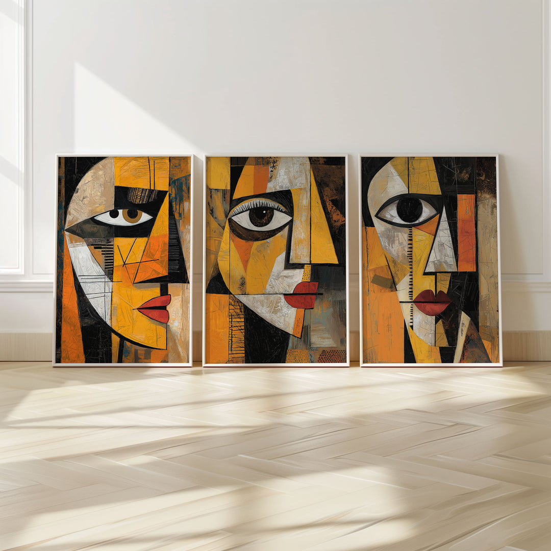 Fragments of Expression Cubism Trio Wall Art,livingroom,timber border