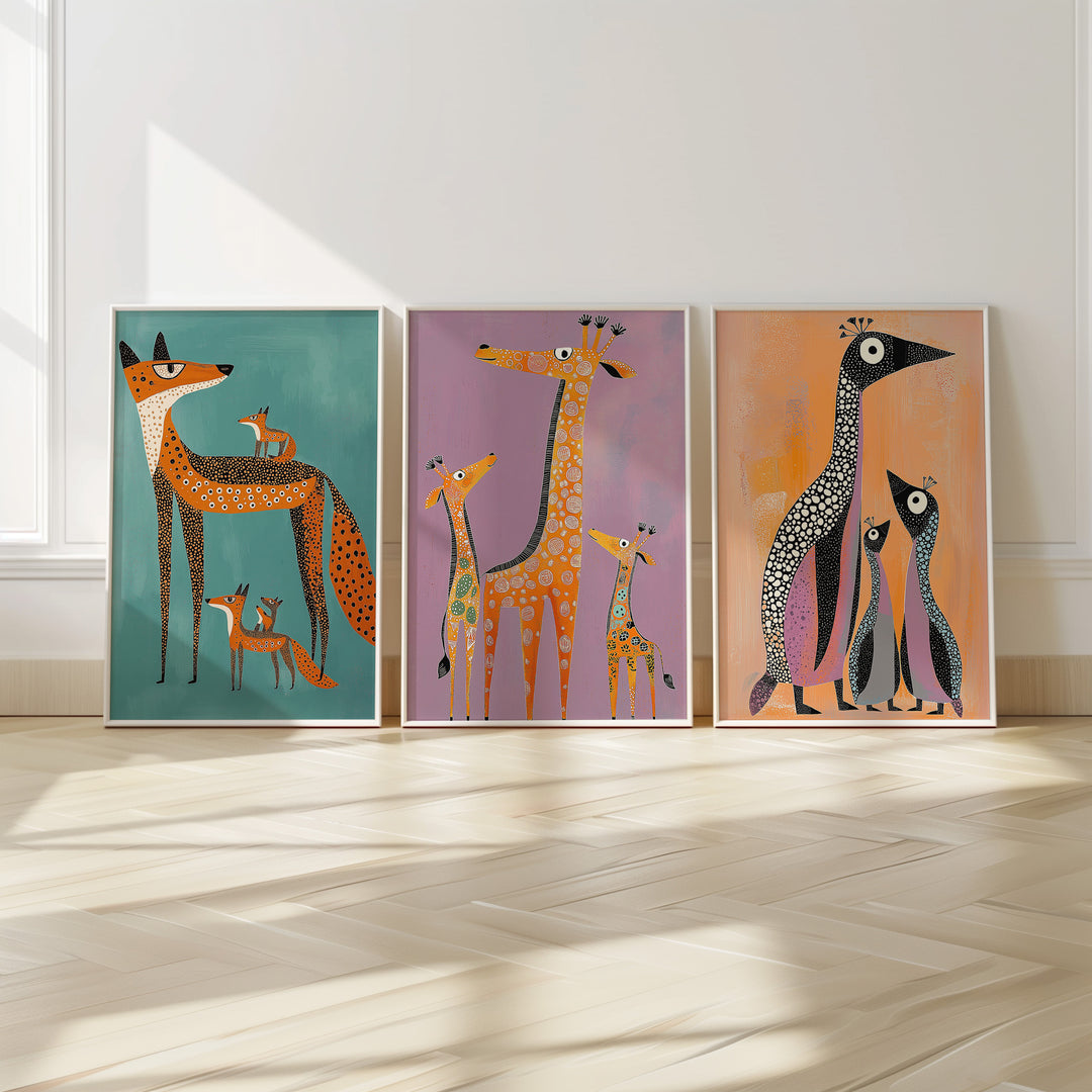 Set of 3 Kids Animal Oil Wall Prints,livingroom,timber border