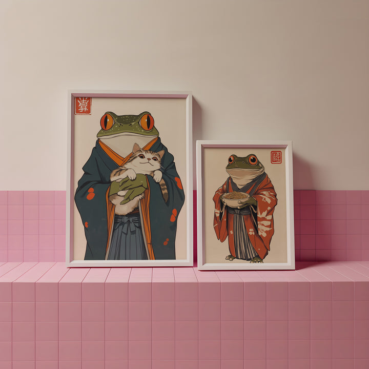 Japanese Samurai Frog Duo Pair,white border