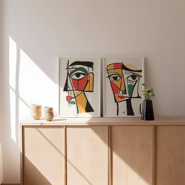 Geometric Portraits Pair Wall Art,livingrom, black border