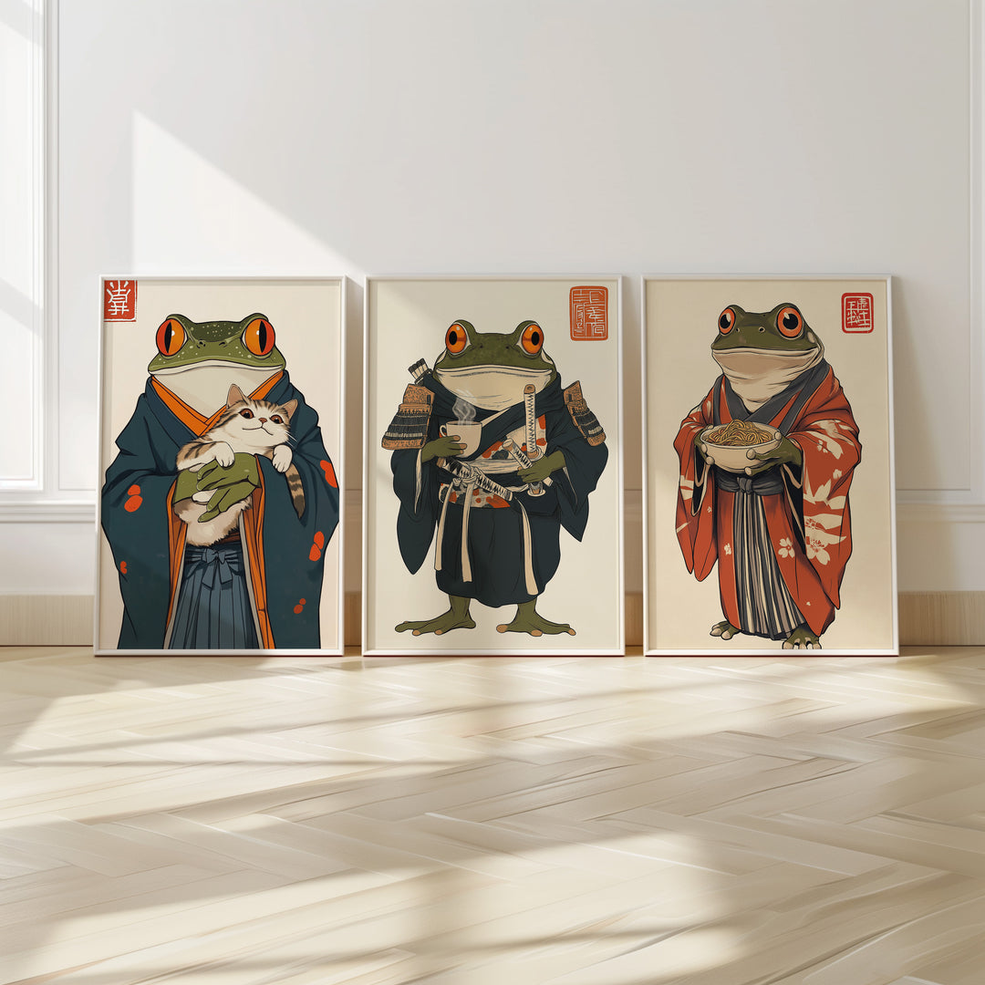 Japanese Samurai Frog Trio Wall Art,gallery wall,white border