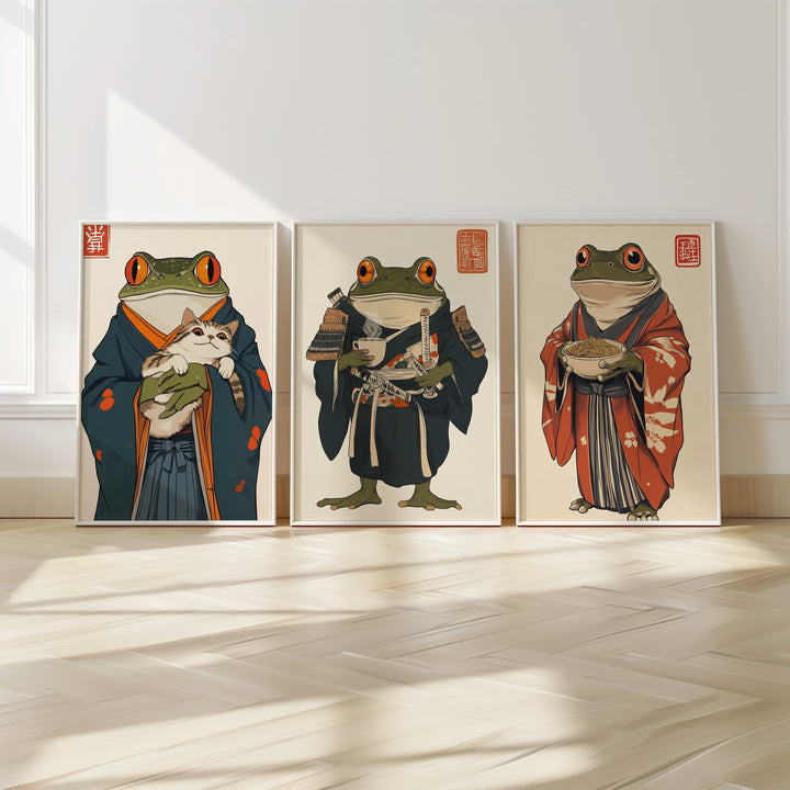 Japanese Samurai Frog Trio Wall Art,gallery wall,white border