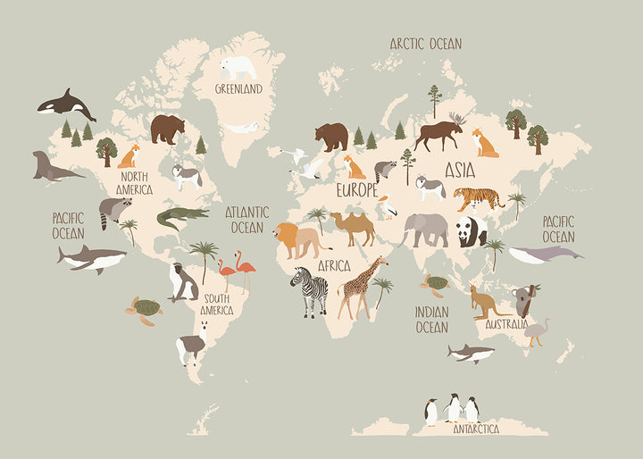 World Map of Animals Blue,frame