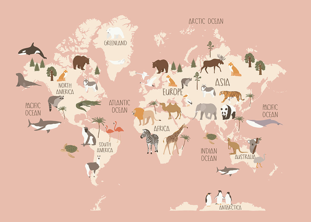 World Map of Animals Pink,frame 