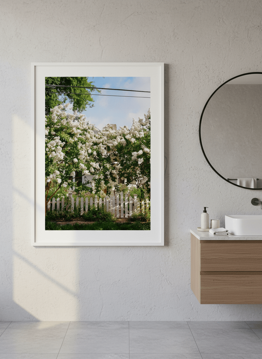 Modern print displayed in a clean minimalist bathroom setting