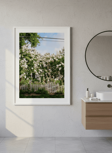 Modern print displayed in a clean minimalist bathroom setting