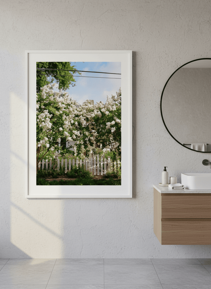 Modern print displayed in a clean minimalist bathroom setting