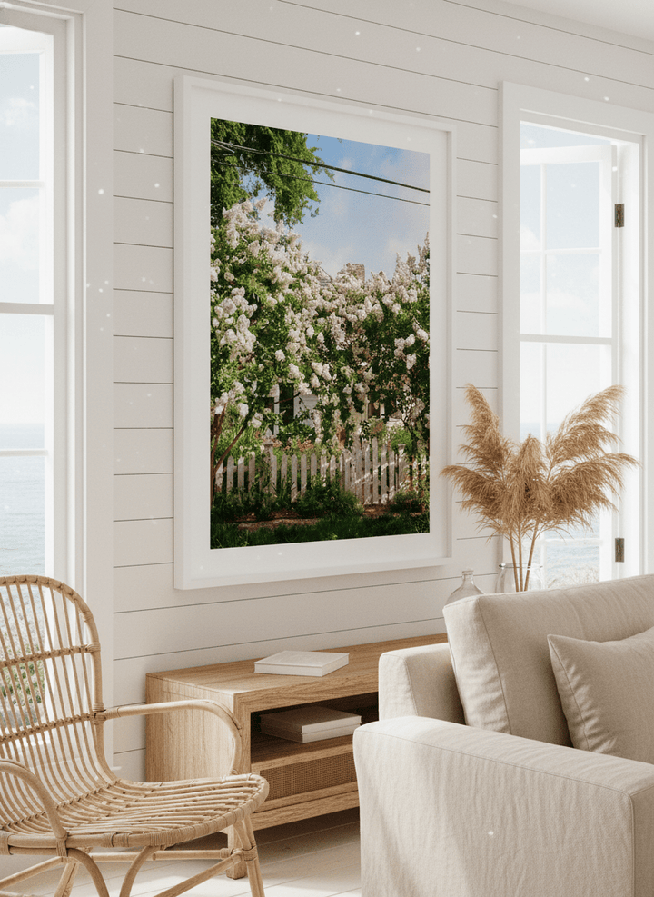 Neutral wall art displayed in a sunny coastal beach house