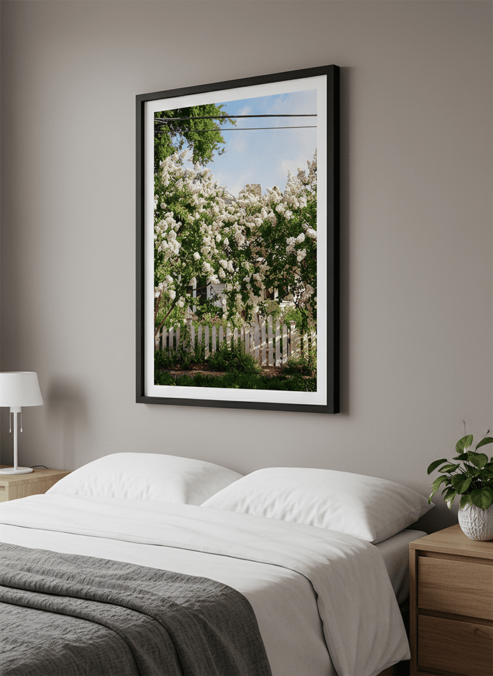 Minimalist artwork displayed in a calm, light-filled bedroom interior